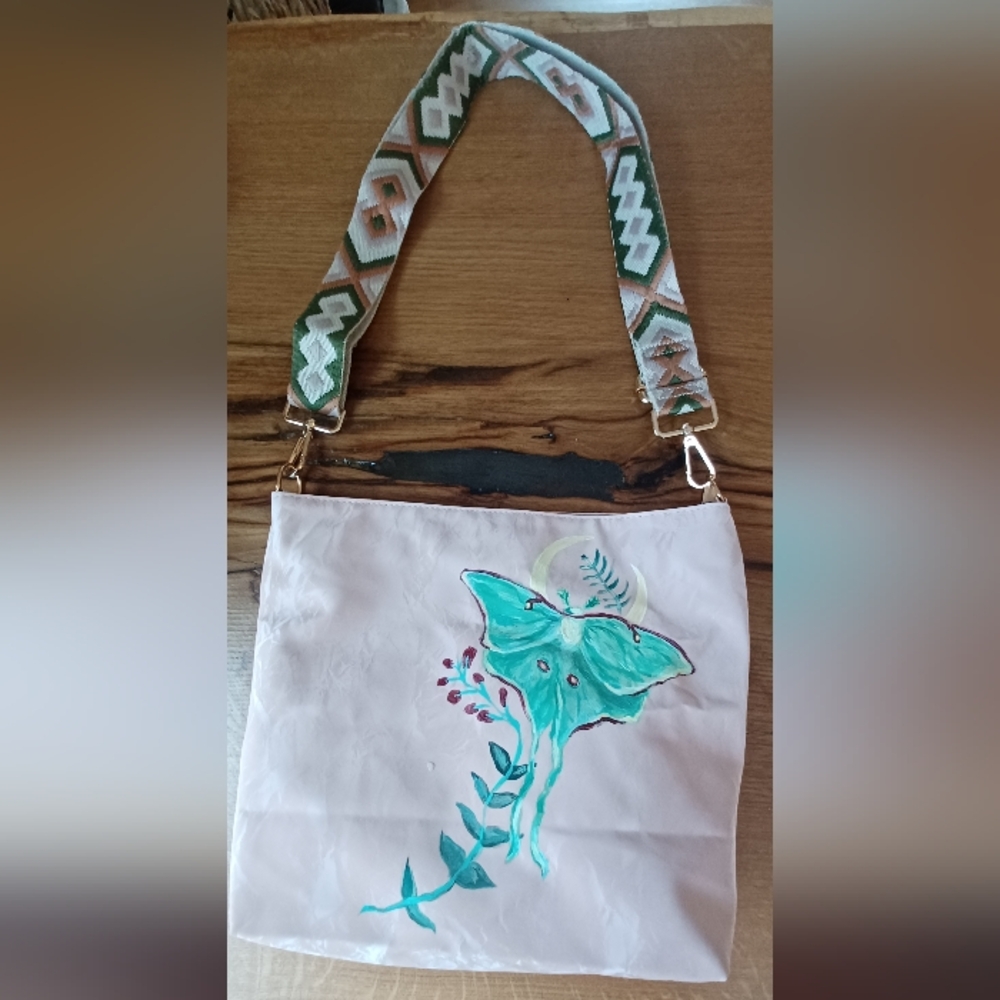 One of a kind handpainted luna moth bag